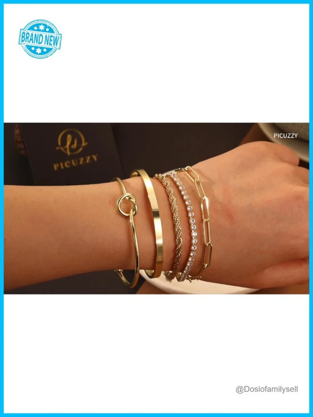 14K Gold Plated Chunky Cuff Bracelet Stackable Bangles Set Non Tarnish 5-Piece